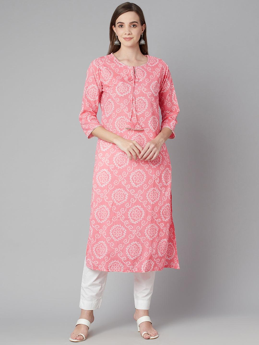  Baby Pink Bandhej Straight Kurta 