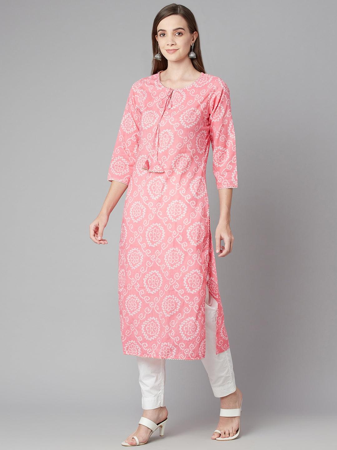  Baby Pink Bandhej Straight Kurta 