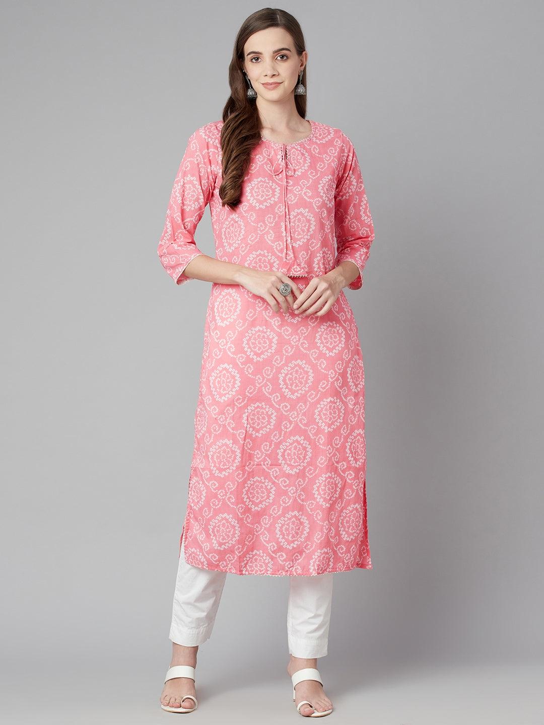  Baby Pink Bandhej Straight Kurta 