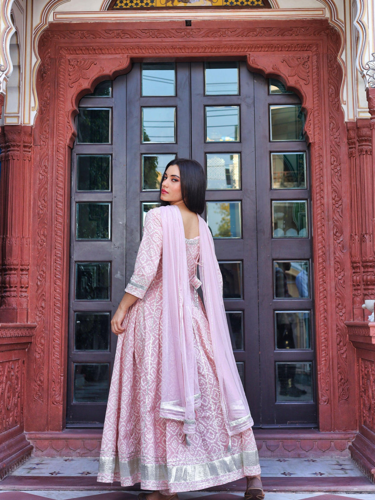  Light Pink Cotton Anarkali Gown Pant set with Net Dupatta - world.com