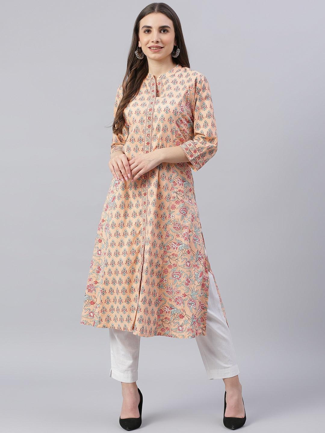   Peach Cotton A-line Kurta 