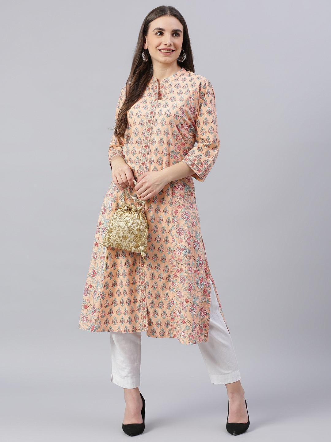   Peach Cotton A-line Kurta 