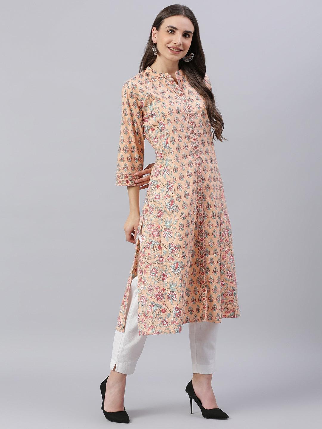   Peach Cotton A-line Kurta 