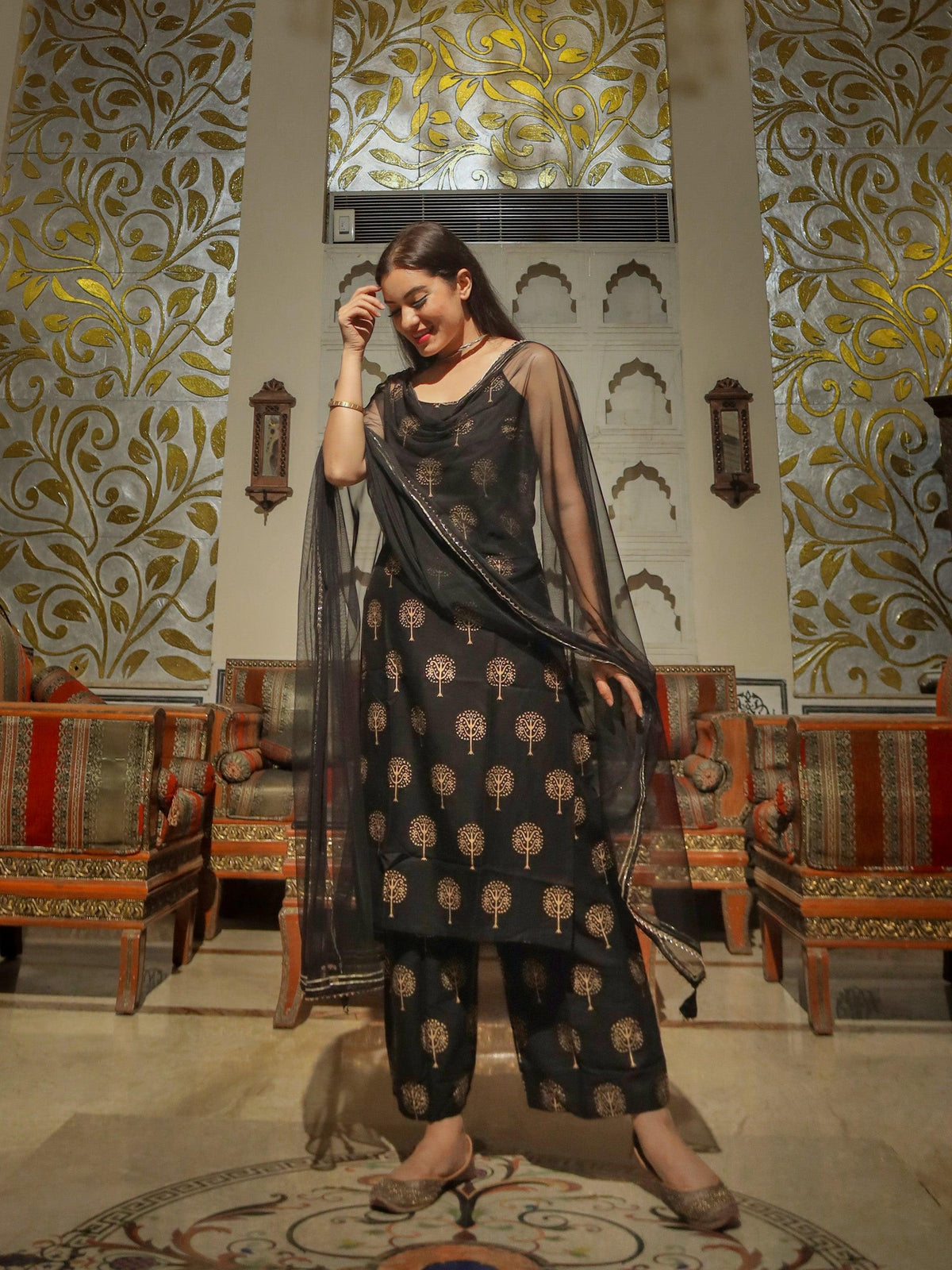  Black shoulder strip Kurta Palazoo set with net Dupatta - world.com