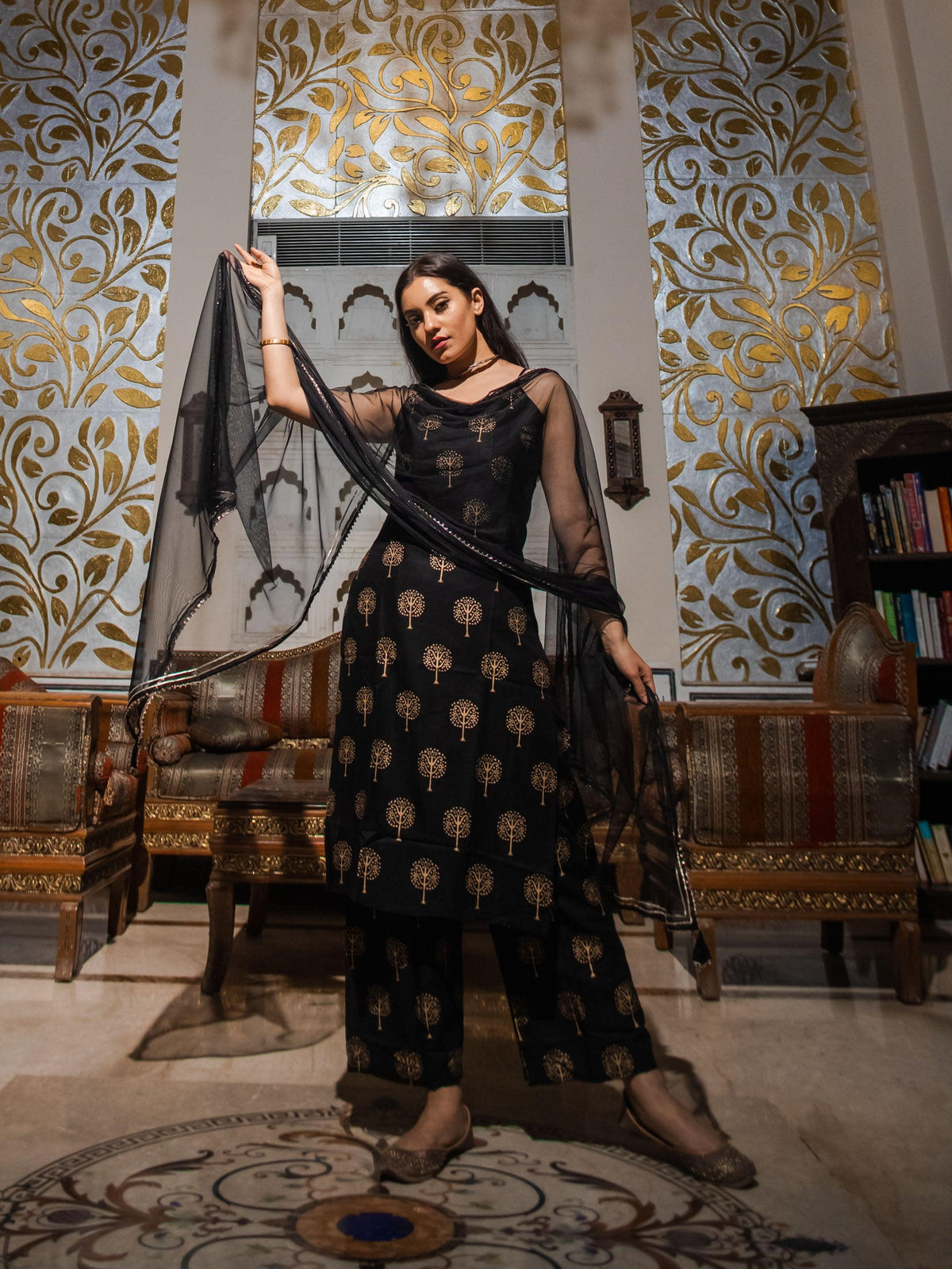  Black shoulder strip Kurta Palazoo set with net Dupatta - world.com