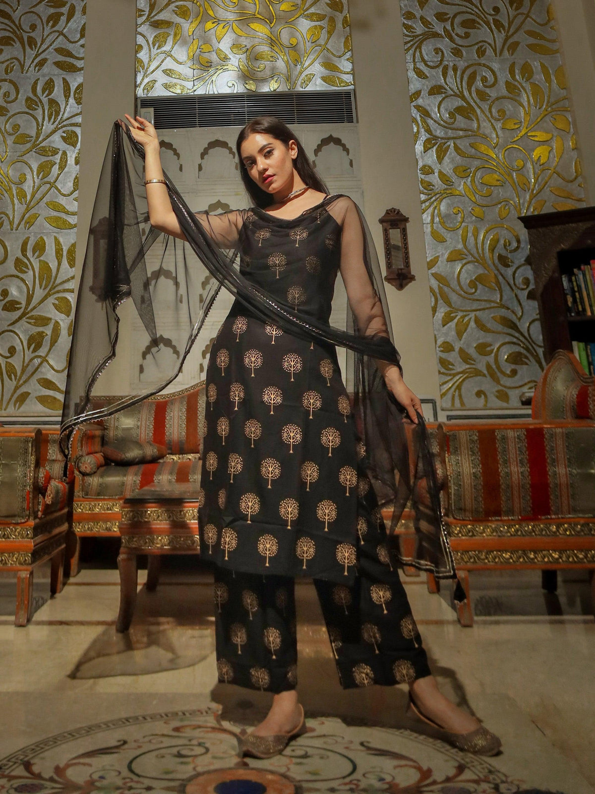  Black shoulder strip Kurta Palazoo set with net Dupatta - world.com