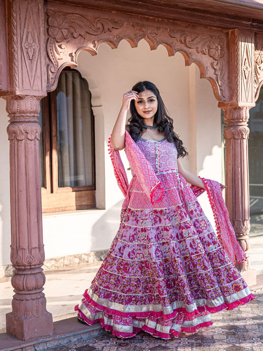 Pink Cotton Sleeve Less Anarkali Sharara Set With Dupatta