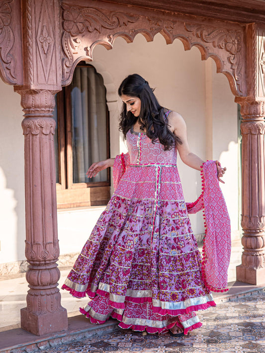  Pink Cotton Sleeves less Anarkali Sharara set with Dupatta - world.com