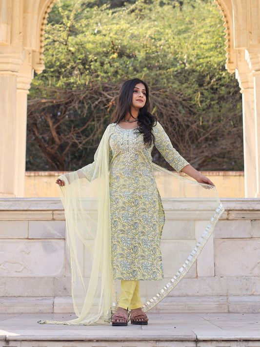  yellow Cotton Straight Kurta pant set with dupatta - world.com