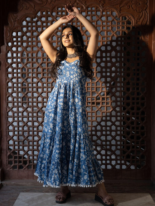  Indigo Floral Printed Shoulder Strip Long Dress 