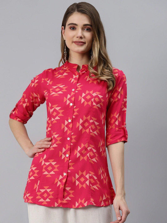  Pink Geometric Print Rayon Shirt Style Top 