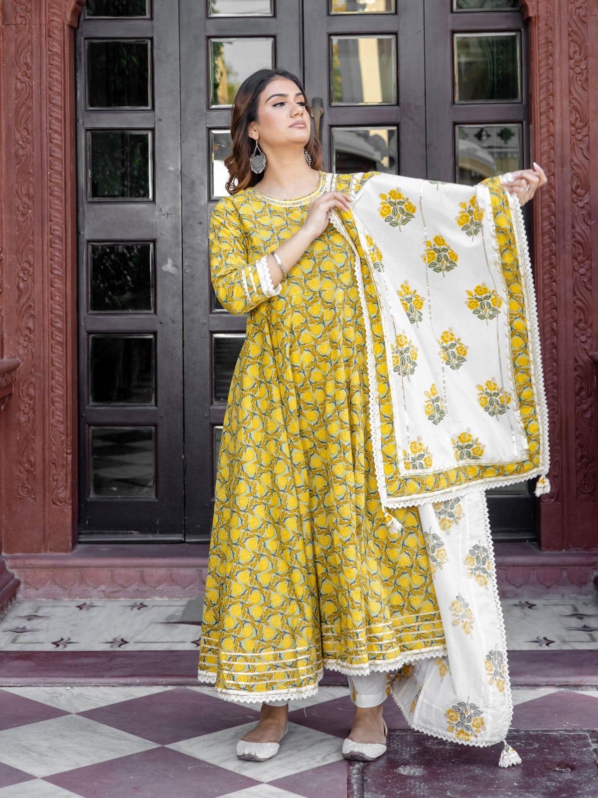   Mustard Cotton Anarkali Kurta Pant Set With Dupatta  
