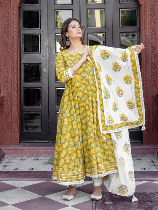   Mustard Cotton Anarkali Kurta Pant Set With Dupatta  