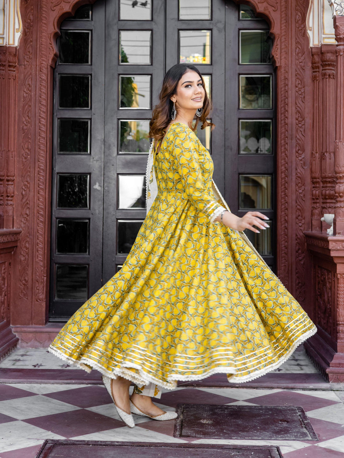   Mustard Cotton Anarkali Kurta Pant Set With Dupatta  