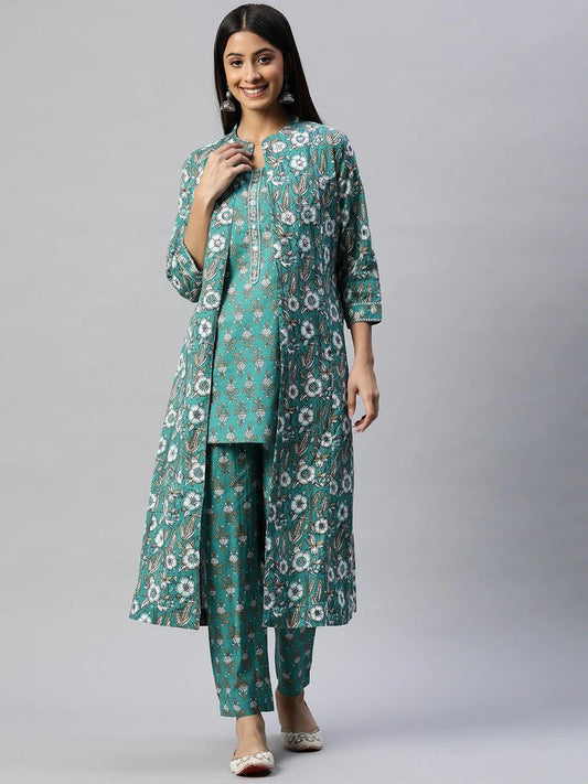  Green Cotton Floral Printed Three Piece Indowestern Kurta Pant Set with Jacket 