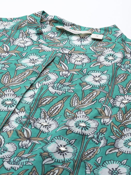  Green Cotton Floral Printed Three Piece Indowestern Kurta Pant Set with Jacket 