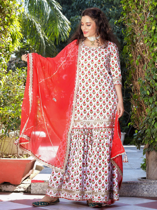  Red & White Cotton Dabu Printed Kurta Sharara Set with Kota Doria Dupatta - world.com