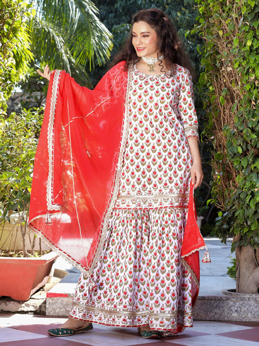  Red & White Cotton Dabu Printed Kurta Sharara Set with Kota Doria Dupatta - world.com