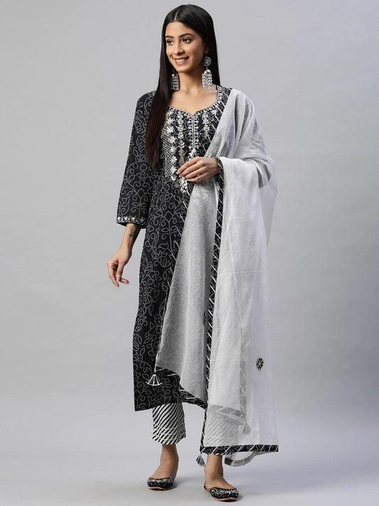  Black and White Cotton Kurta Pant Set With Dupatta 