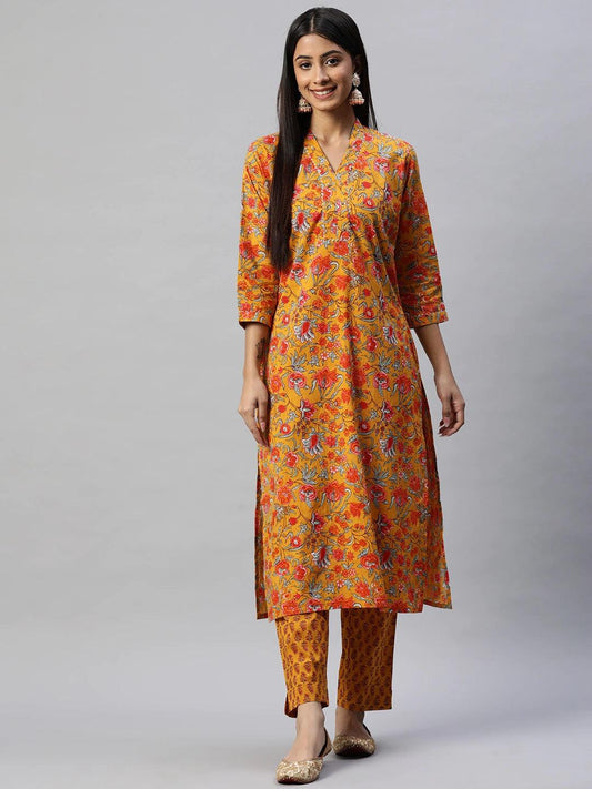  Mustard Cotton Floral Printed Kurta Pant Set 
