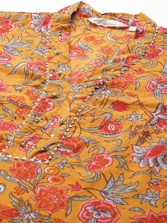  Mustard Cotton Floral Printed Kurta Pant Set 