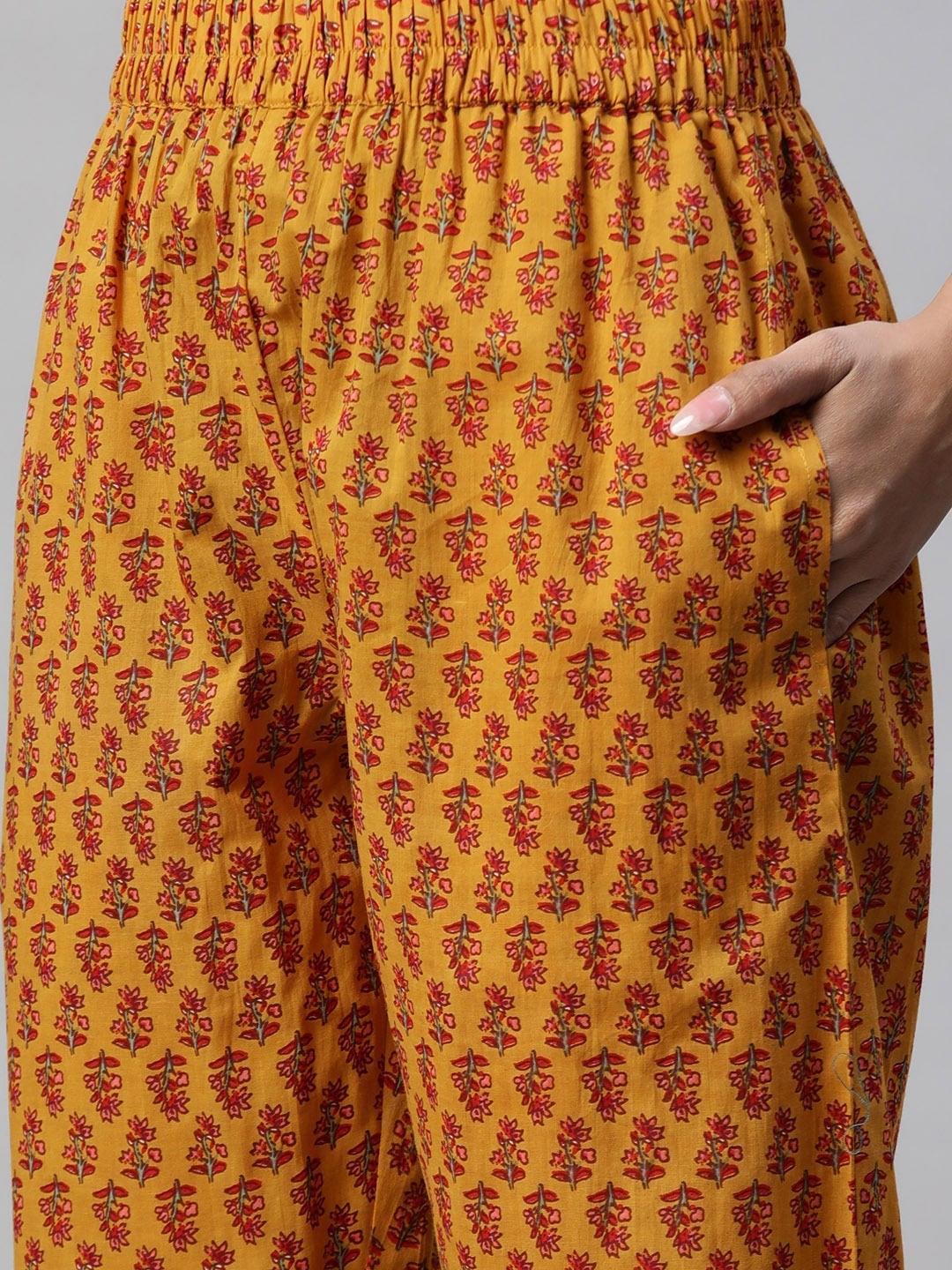  Mustard Cotton Floral Printed Kurta Pant Set 