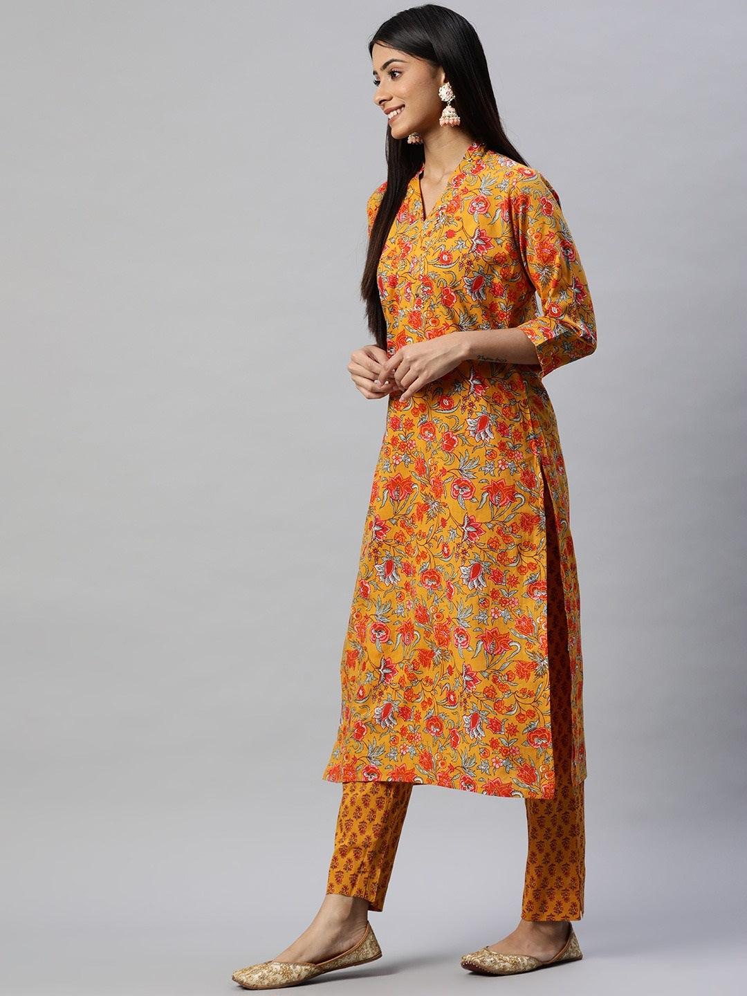  Mustard Cotton Floral Printed Kurta Pant Set 