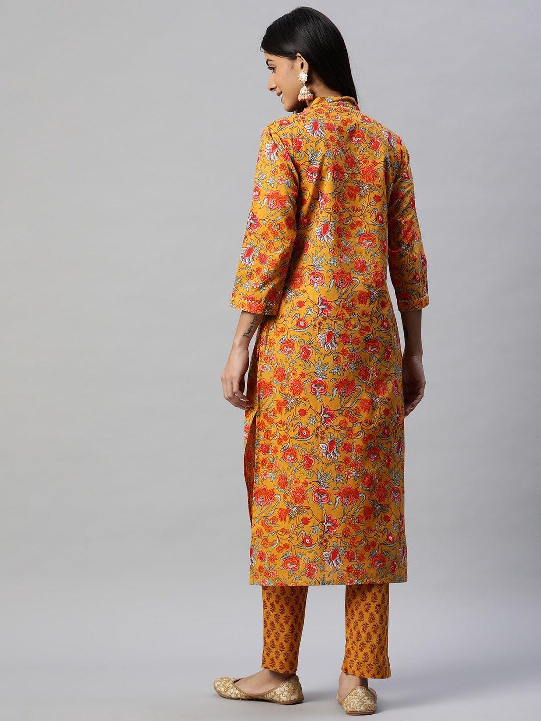  Mustard Cotton Floral Printed Kurta Pant Set 