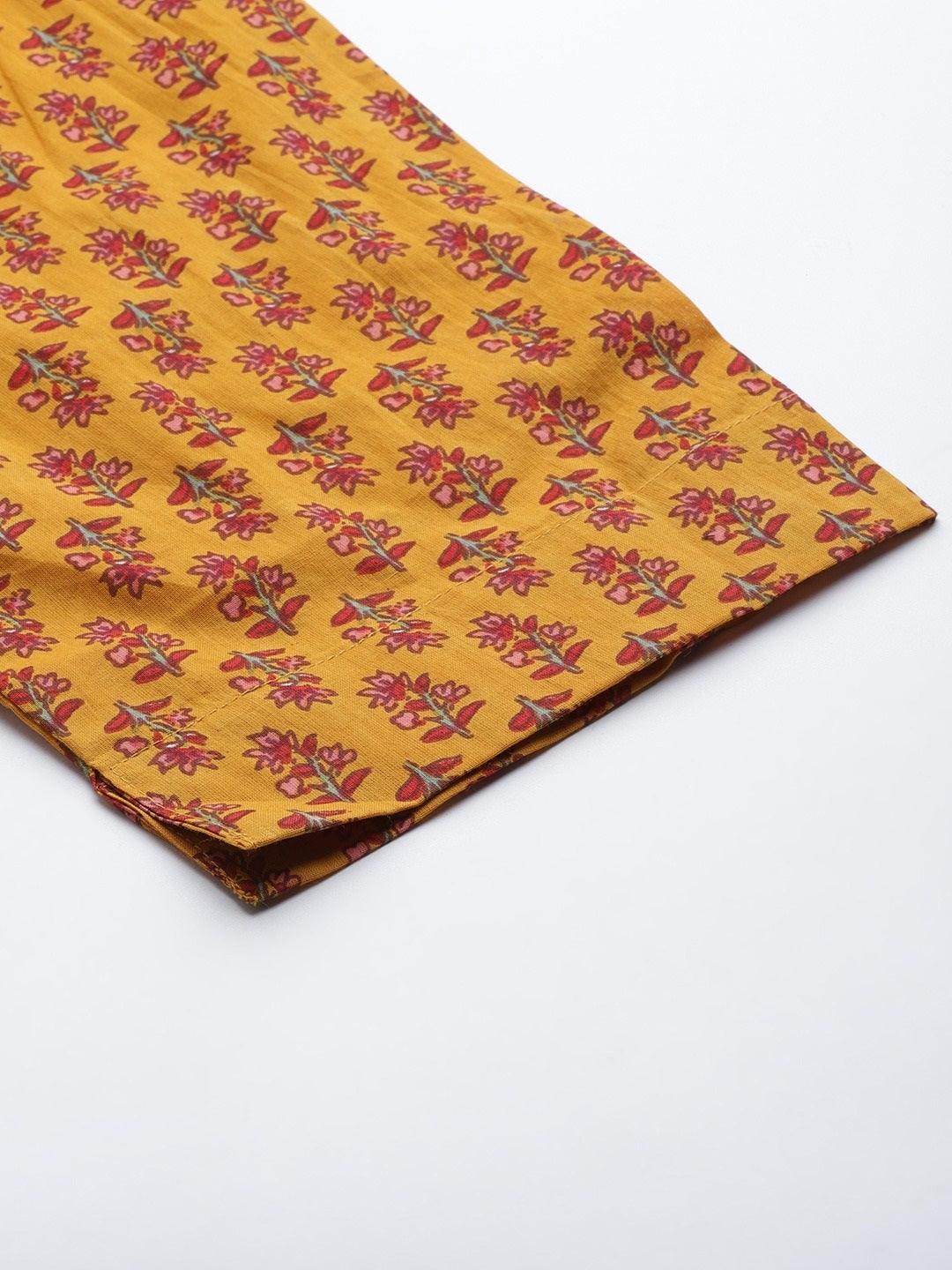  Mustard Cotton Floral Printed Kurta Pant Set 