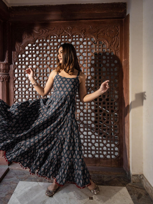 Navy Blue Buti Printed Shoulder Strip Long dress 