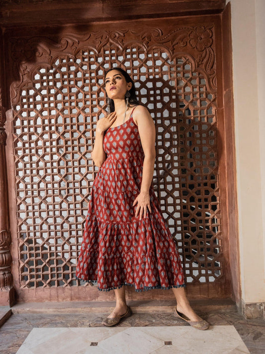   Maroon Buti Printed Shoulder Strip Long dress  