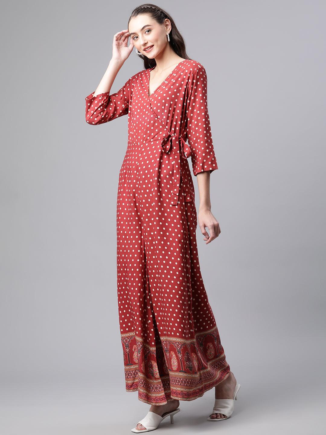 Maroon Polka Dots Printed Jumpsuit 