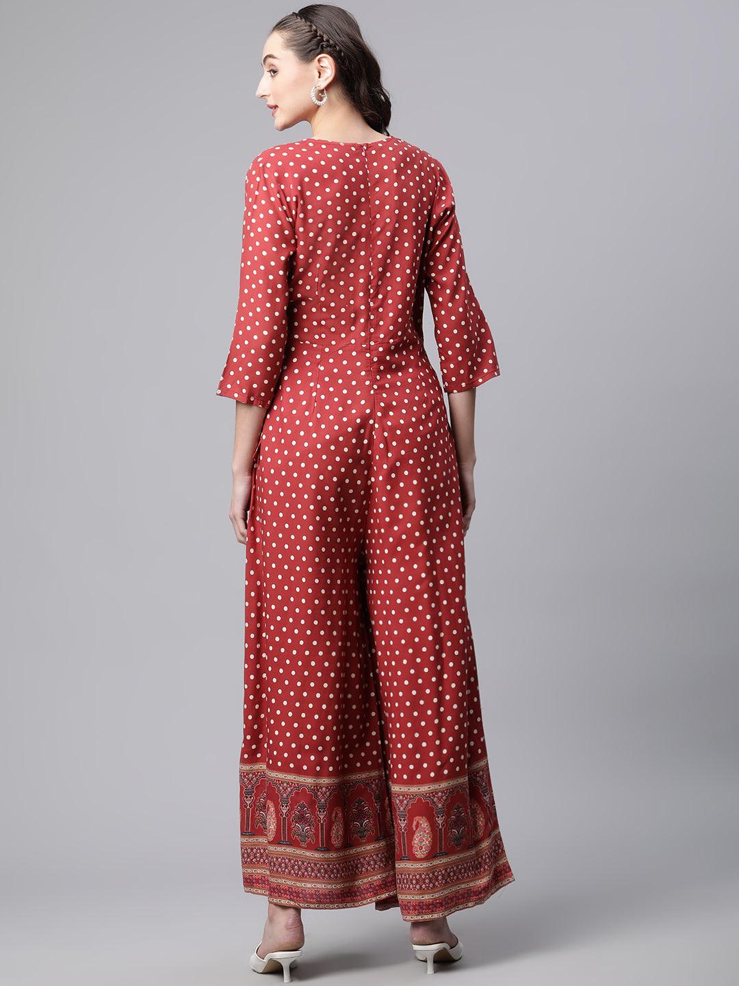  Maroon Polka Dots Printed Jumpsuit 