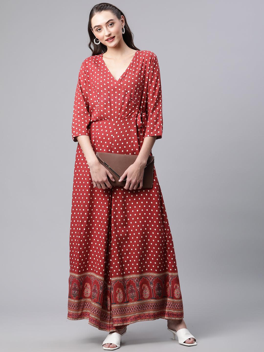  Maroon Polka Dots Printed Jumpsuit 