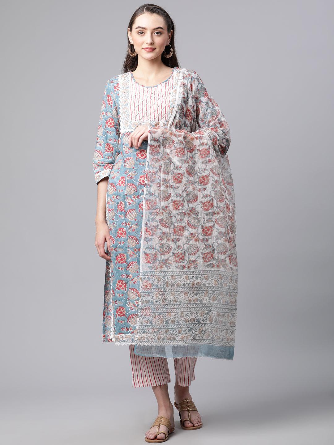  Turquoise Blue Hand Block Printed Kurta Pant Set with Dupatta 