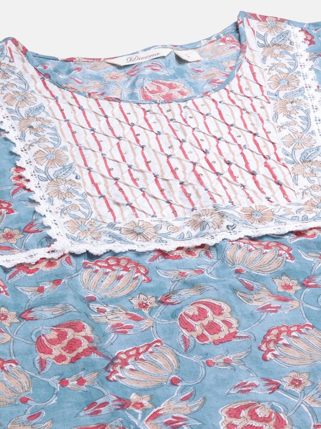 Turquoise Blue Hand Block Printed Kurta Pant Set with Dupatta 