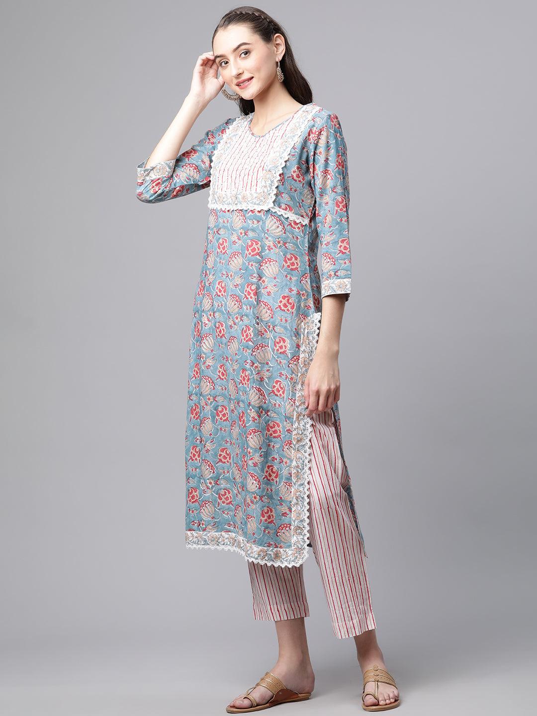 Turquoise Blue Hand Block Printed Kurta Pant Set with Dupatta 
