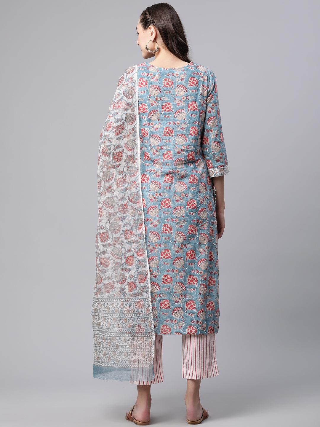  Turquoise Blue Hand Block Printed Kurta Pant Set with Dupatta 