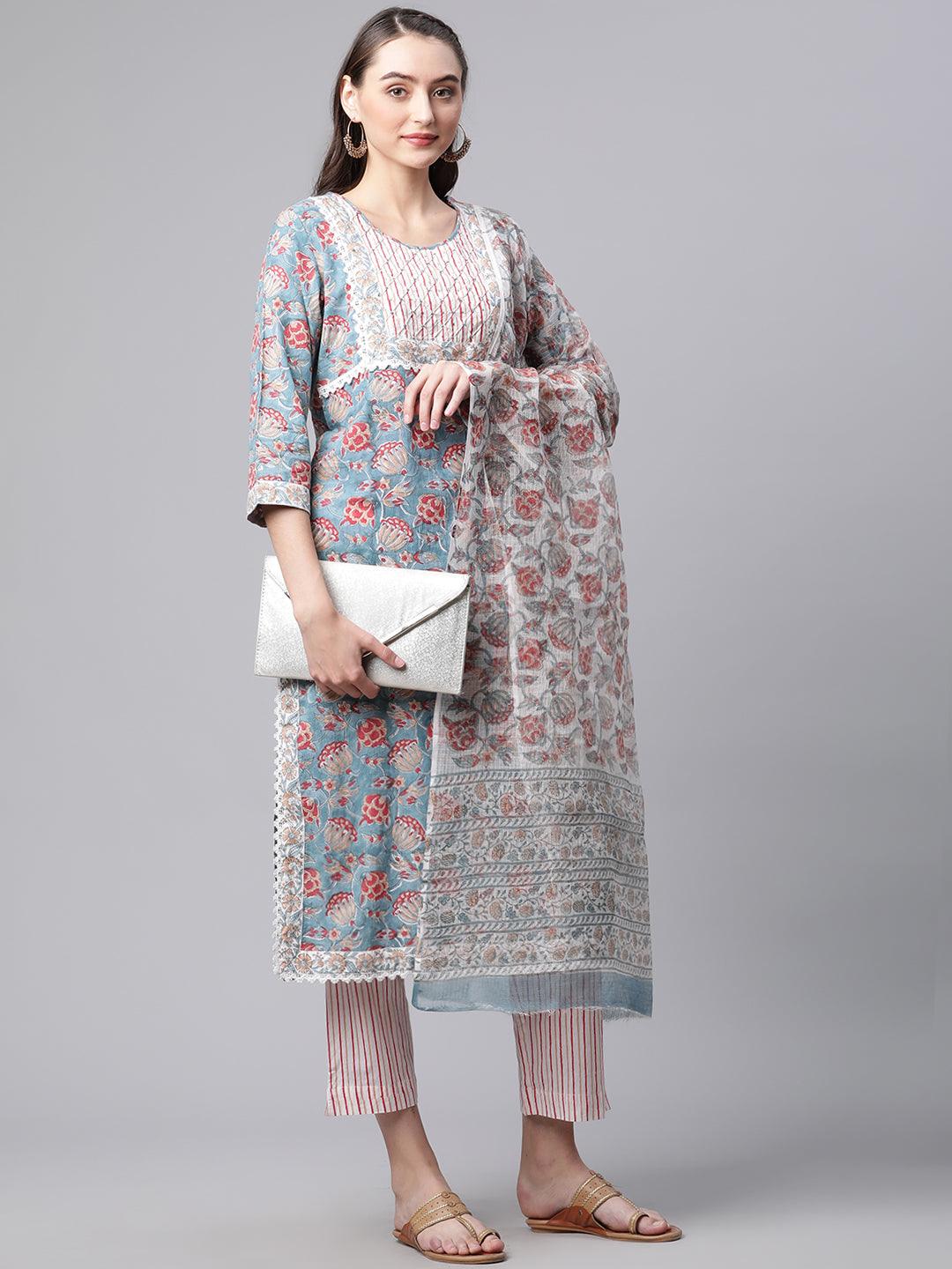  Turquoise Blue Hand Block Printed Kurta Pant Set with Dupatta 