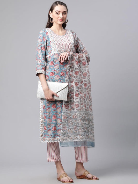  Turquoise Blue Hand Block Printed Kurta Pant Set with Dupatta 