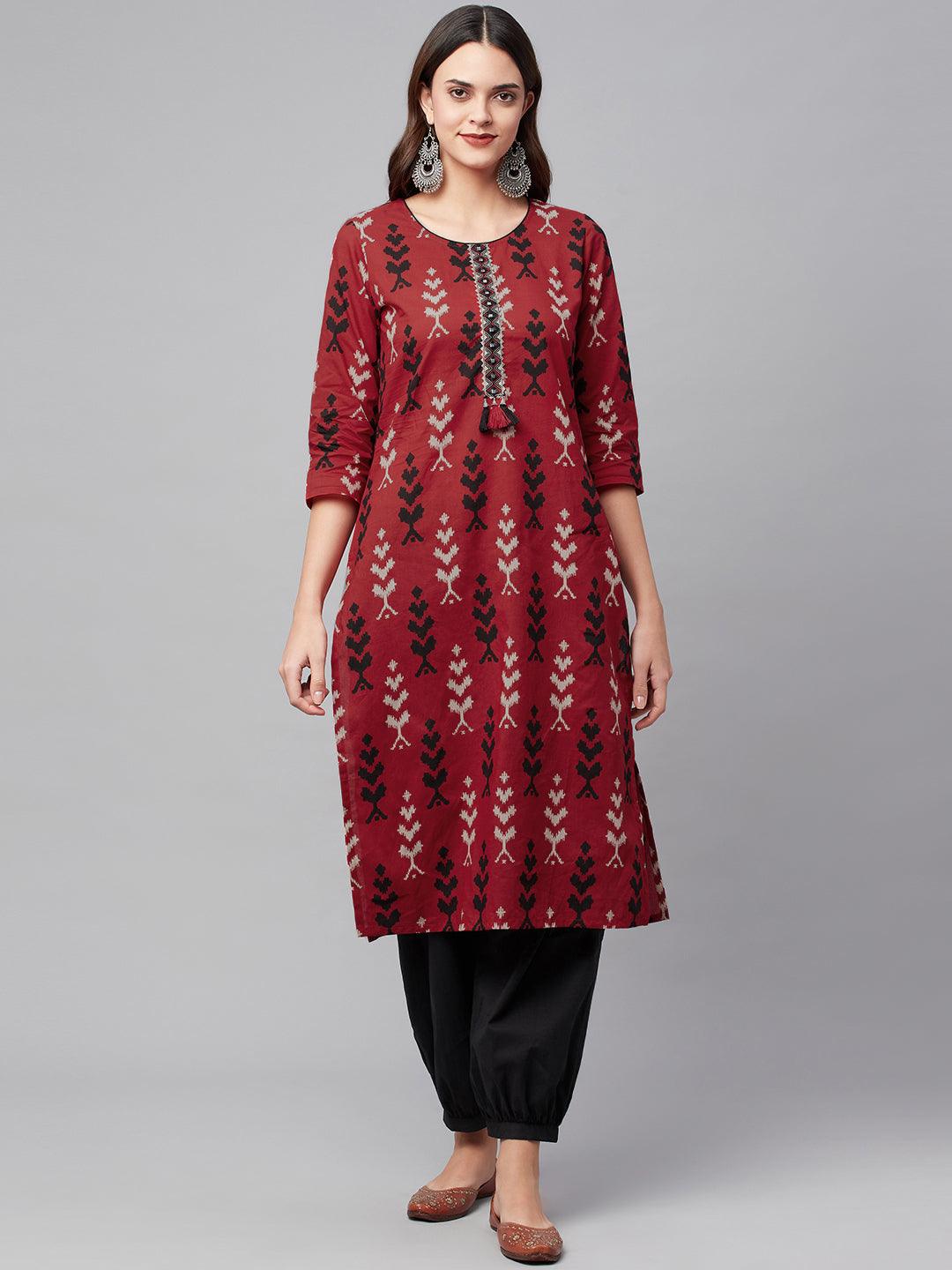  Maroon Cotton Straight Kurta Hem Cuffed Pant set 