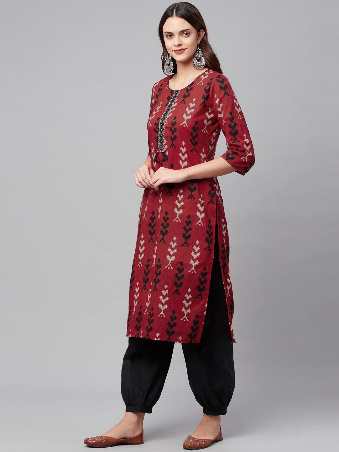  Maroon Cotton Straight Kurta Hem Cuffed Pant set 