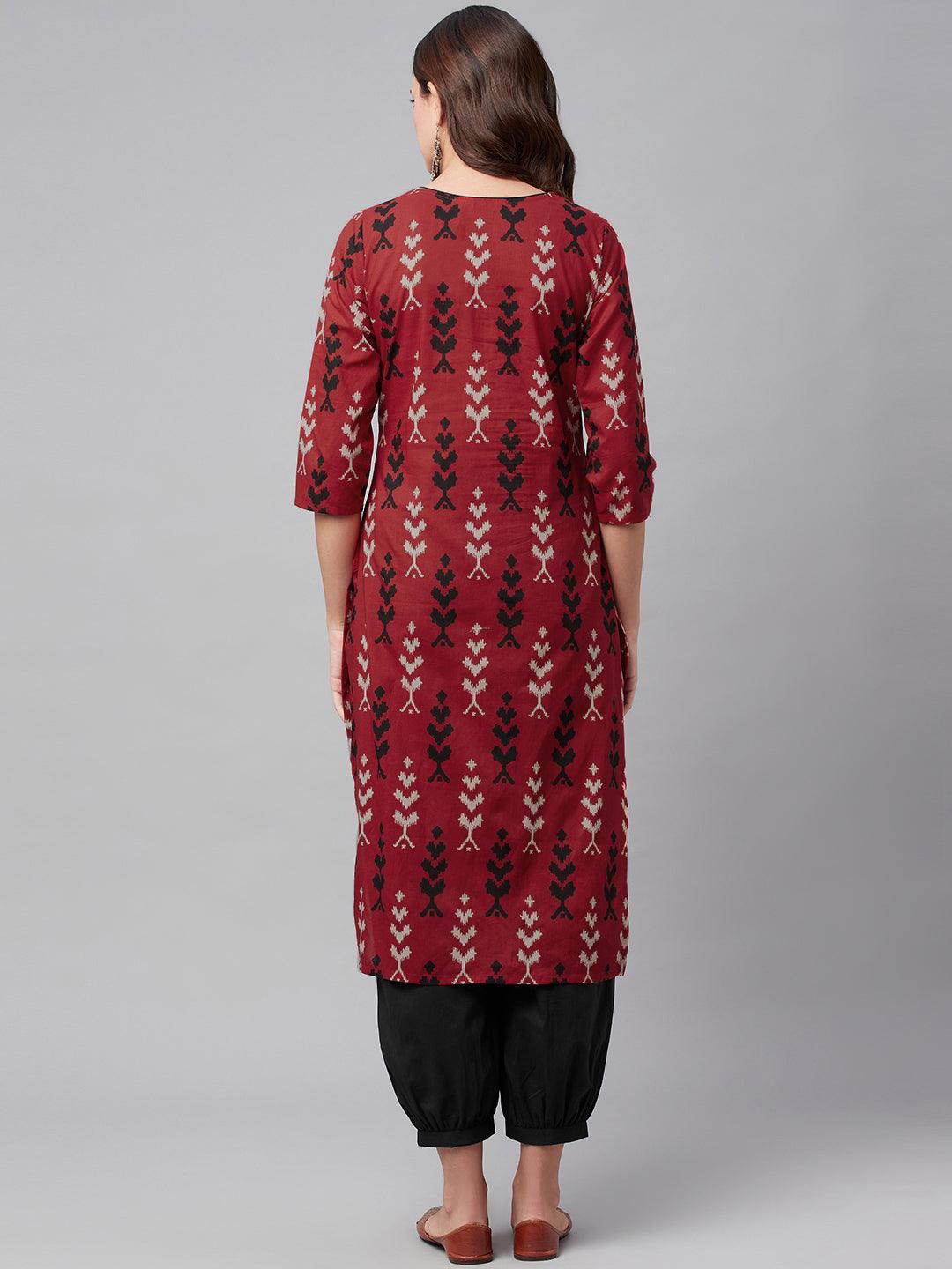  Maroon Cotton Straight Kurta Hem Cuffed Pant set 