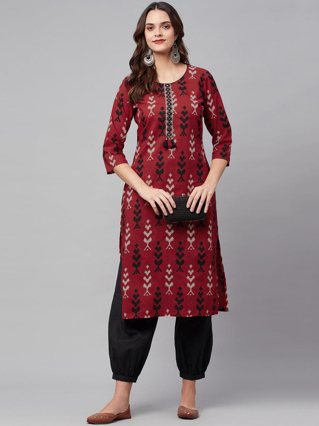  Maroon Cotton Straight Kurta Hem Cuffed Pant set 
