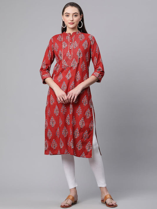  Red Cotton Straight Kurta 