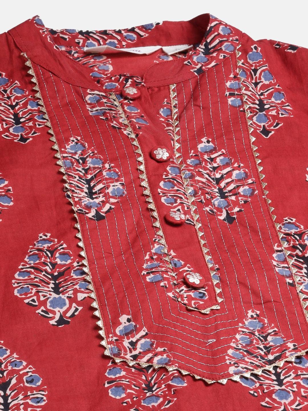  Red Cotton Straight Kurta 
