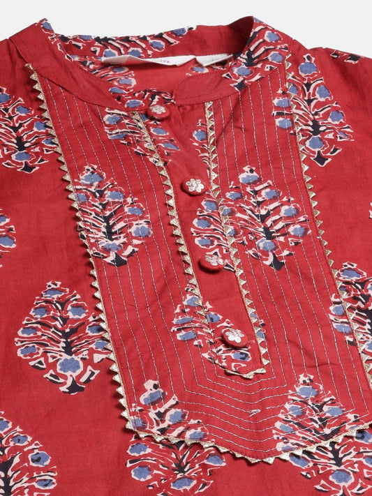  Red Cotton Straight Kurta 