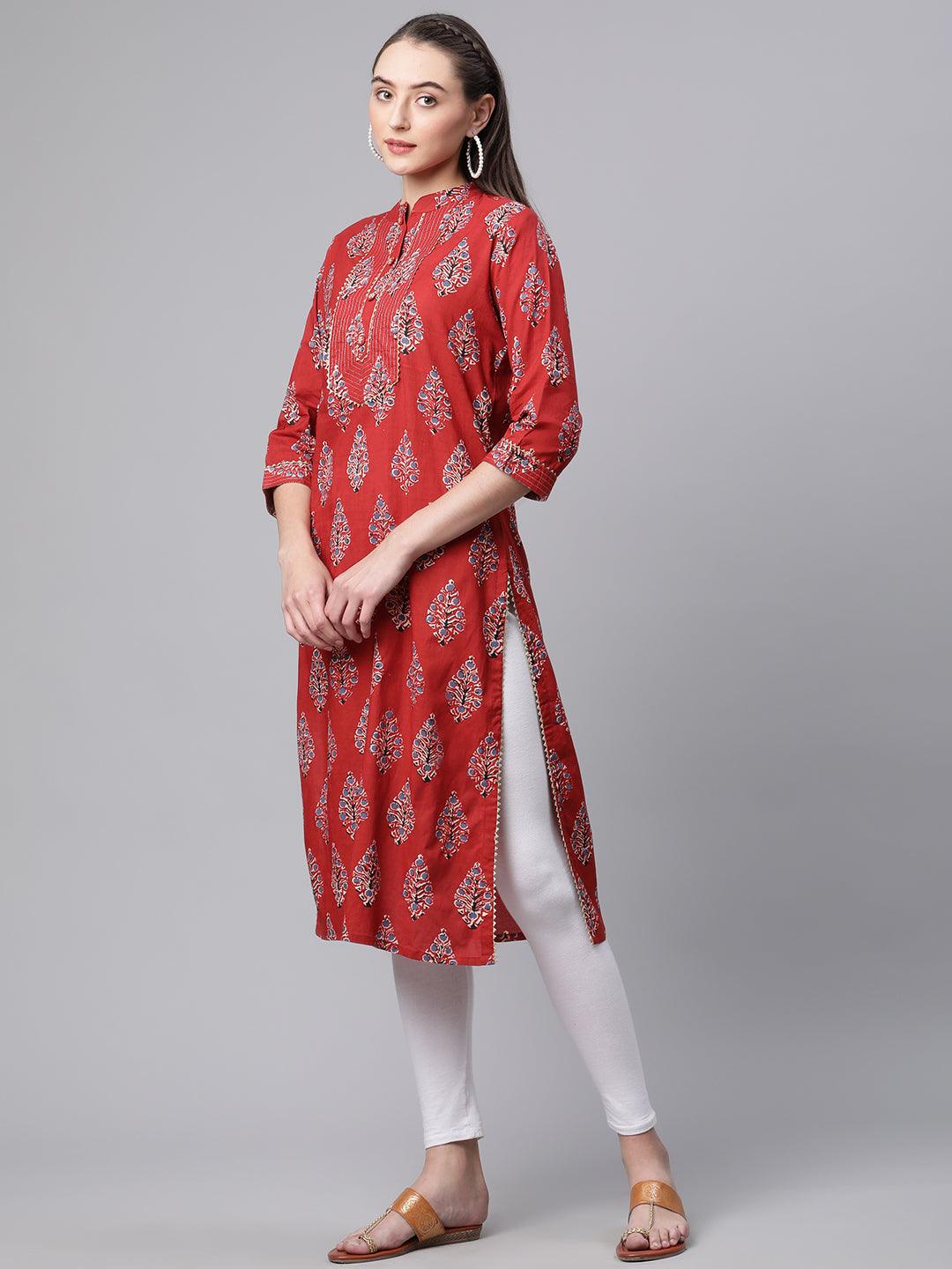  Red Cotton Straight Kurta 