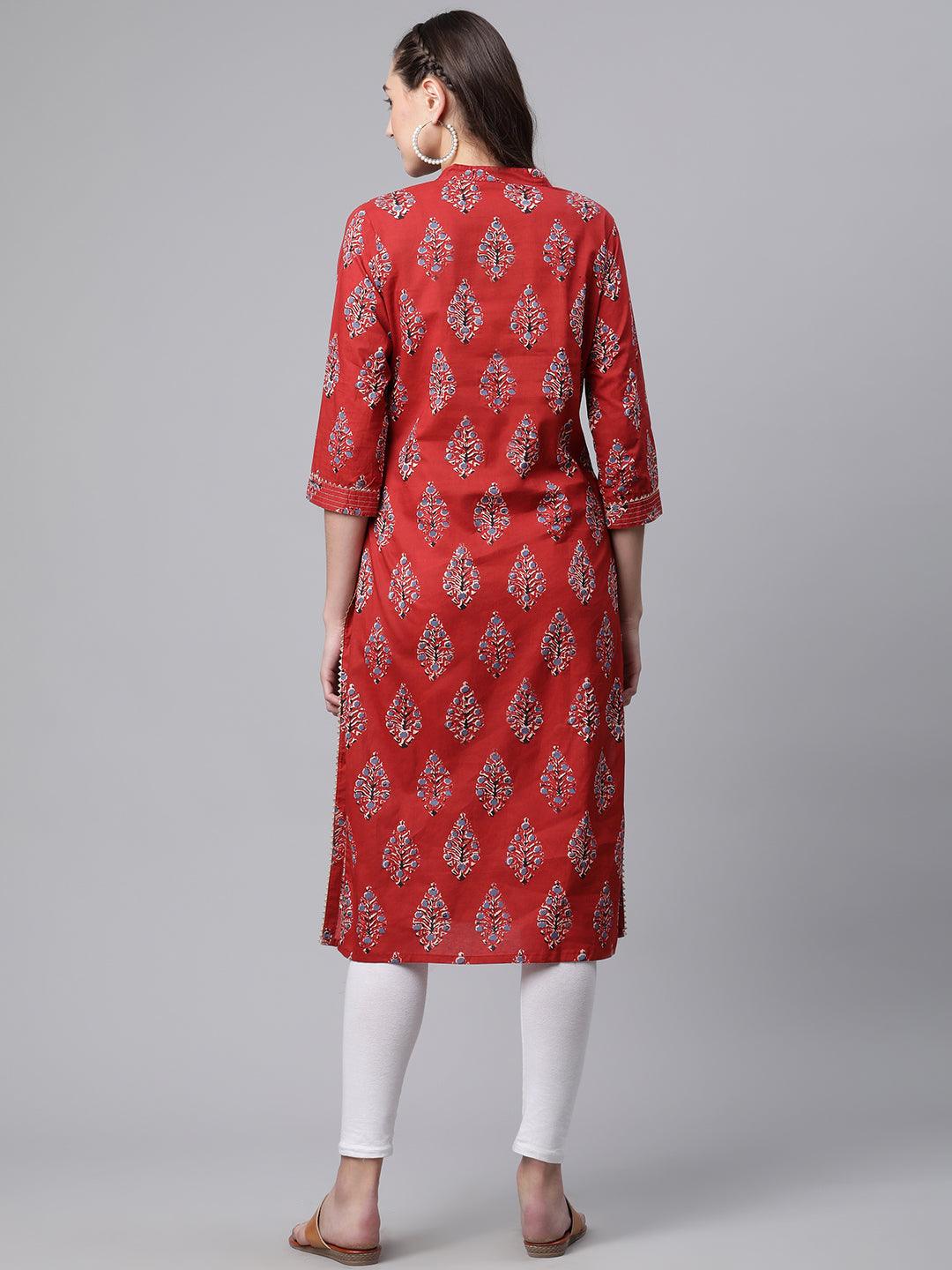  Red Cotton Straight Kurta 