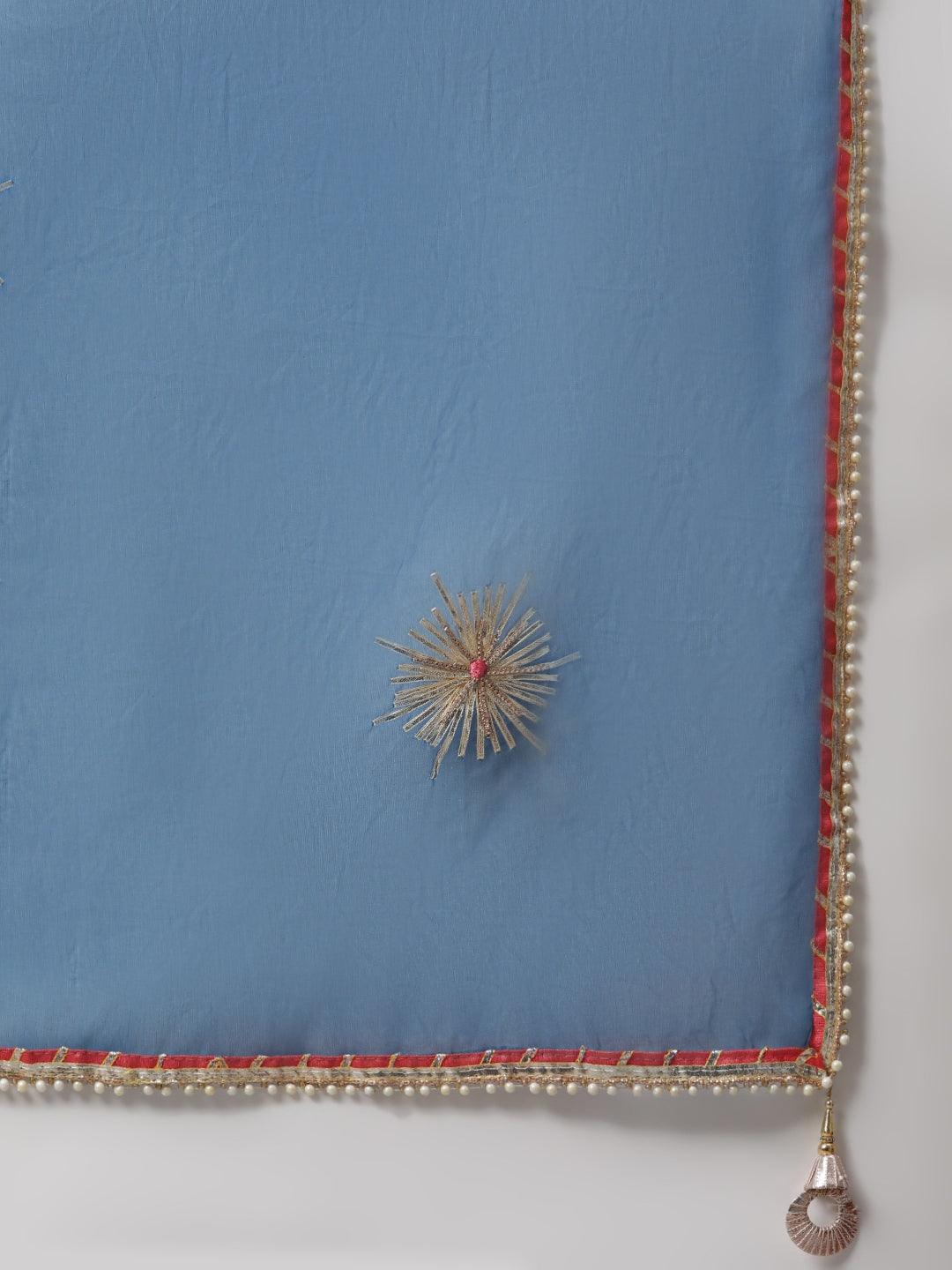  Blue Solid Chenderi Kurta Skirt Set with Dupatta - world.com